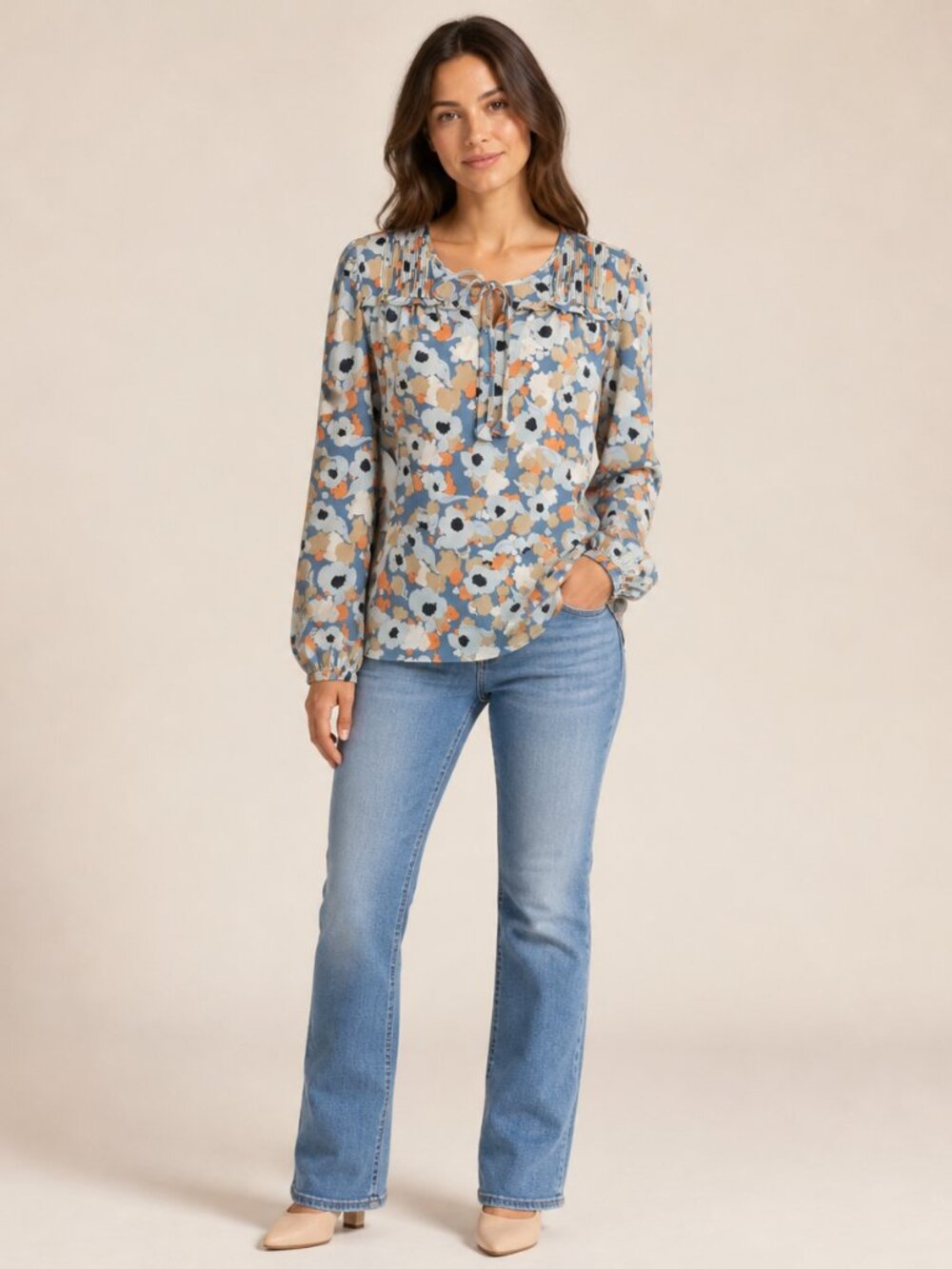 Joie Women's Blue Orange Floral Tie Neck Long Sleeve Blouse Size M
